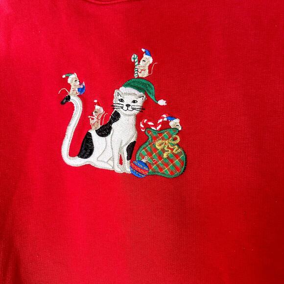 Vintage Christmas Sweater with Cat and Mouse Sweater Red - Picture 3 of 4